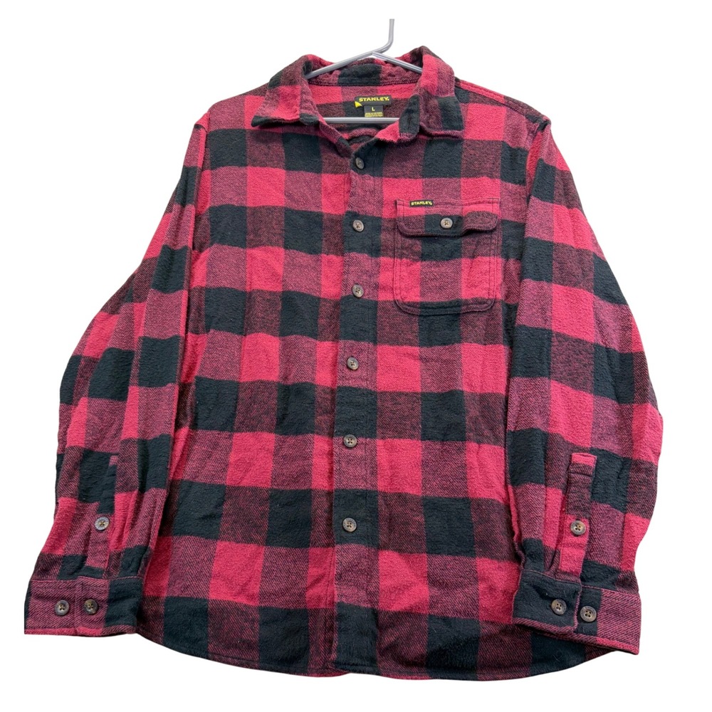 Stanley Flannel Shirt Mens L Red Black Buffalo Plaid Long Sleeve Button Up Pocke
